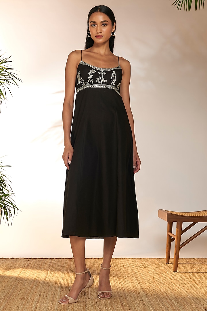 Black Cotton Linen Embroidered Midi Dress by Masaba