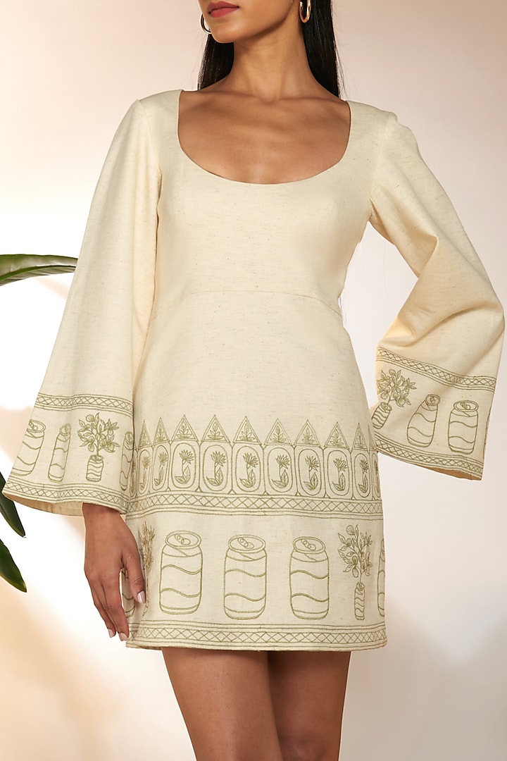 Ivory Cotton Flex Embroidered Mini Vacation Dress by Masaba at Pernia's Pop Up Shop