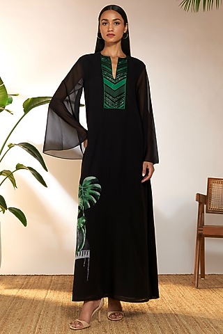 Black Georgette Printed & Embroidered Kaftan by Masaba