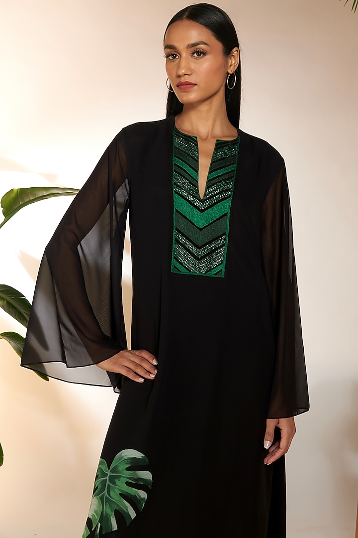 Black Georgette Printed & Embroidered Kaftan by Masaba at Pernia's Pop Up Shop