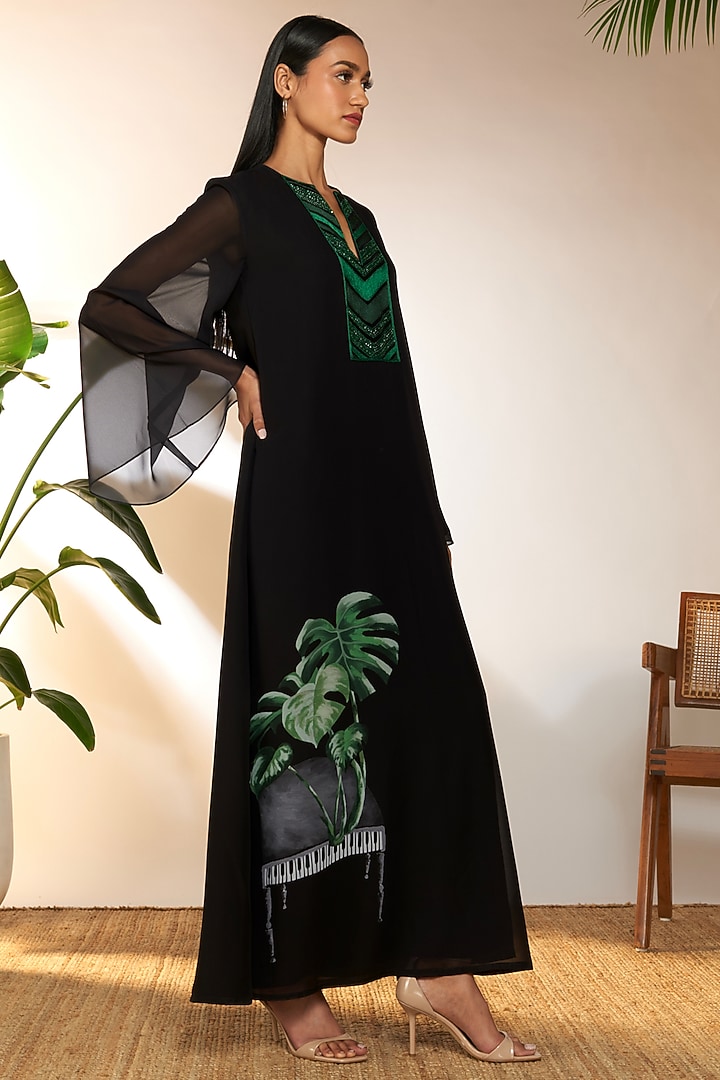 Black Georgette Printed & Embroidered Kaftan by Masaba at Pernia's Pop Up Shop