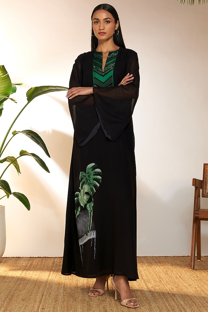 Black Georgette Printed & Embroidered Kaftan by Masaba at Pernia's Pop Up Shop