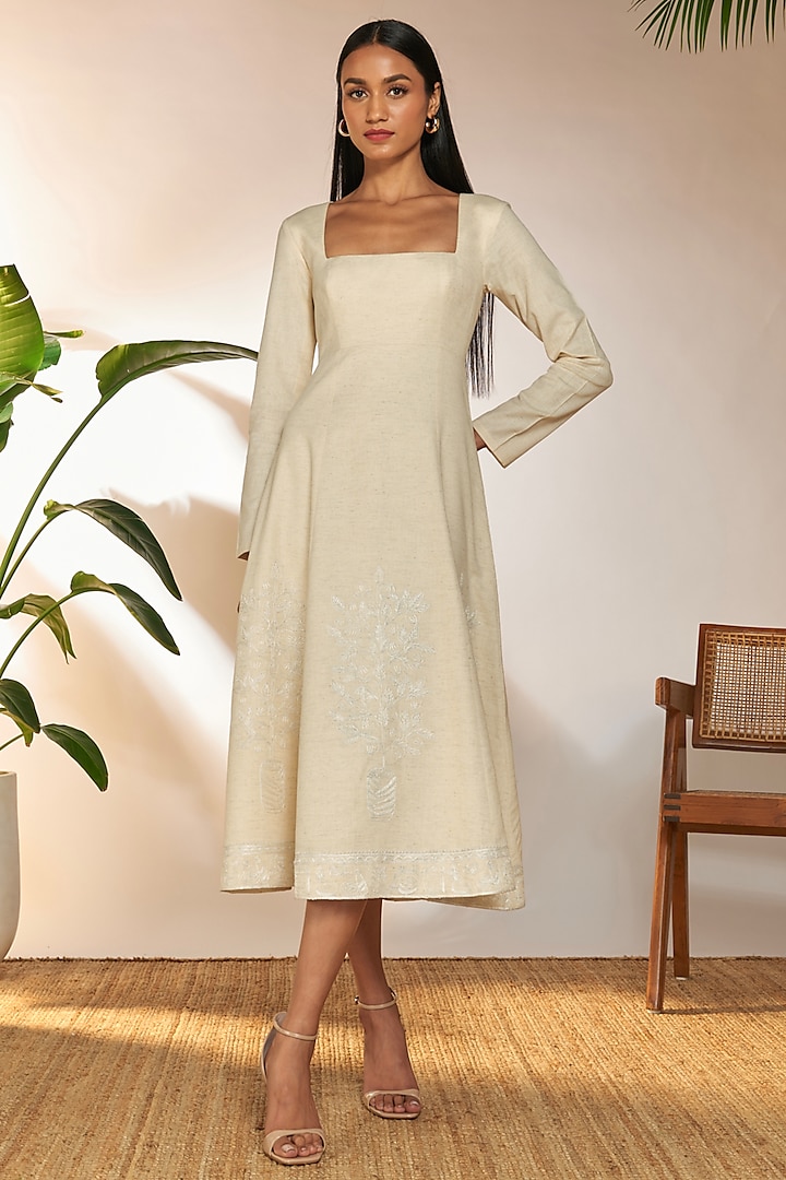 Ivory Cotton Linen Embroidered Midi Dress by Masaba
