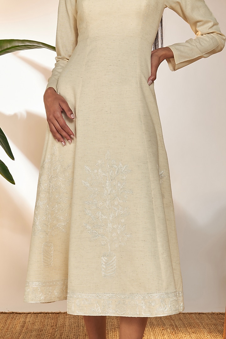 Ivory Cotton Linen Embroidered Midi Vacation Dress by Masaba at Pernia's Pop Up Shop