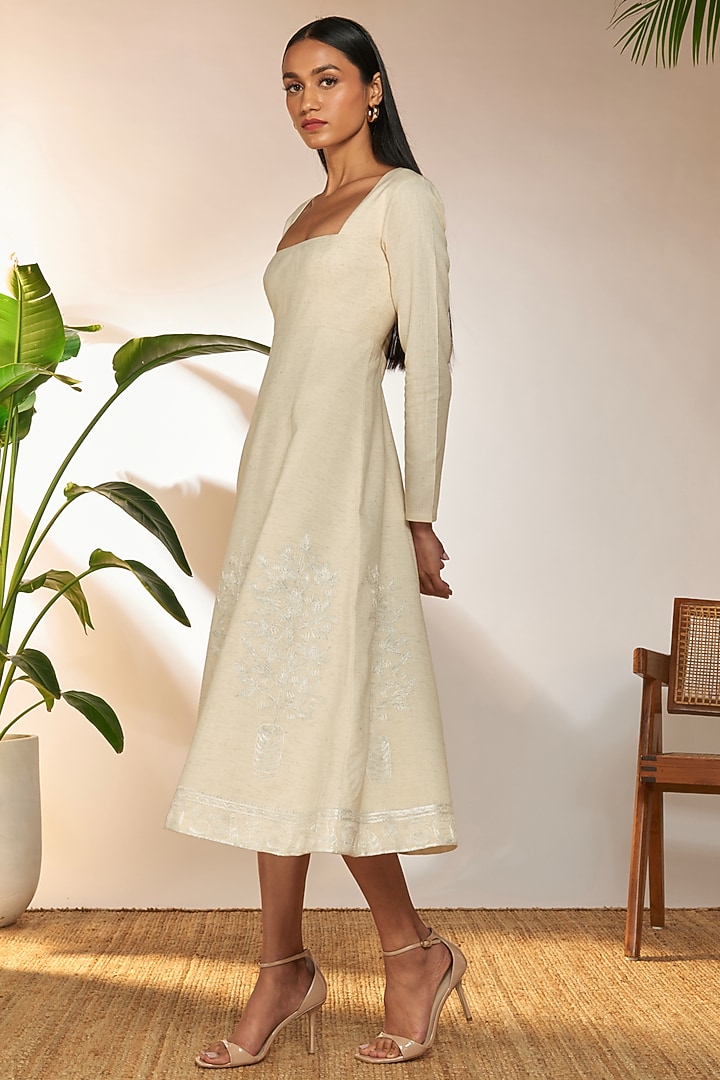 Ivory Cotton Linen Embroidered Midi Vacation Dress by Masaba at Pernia's Pop Up Shop