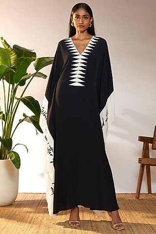 Black Crepe Silk & Viscose Printed Kaftan by Masaba