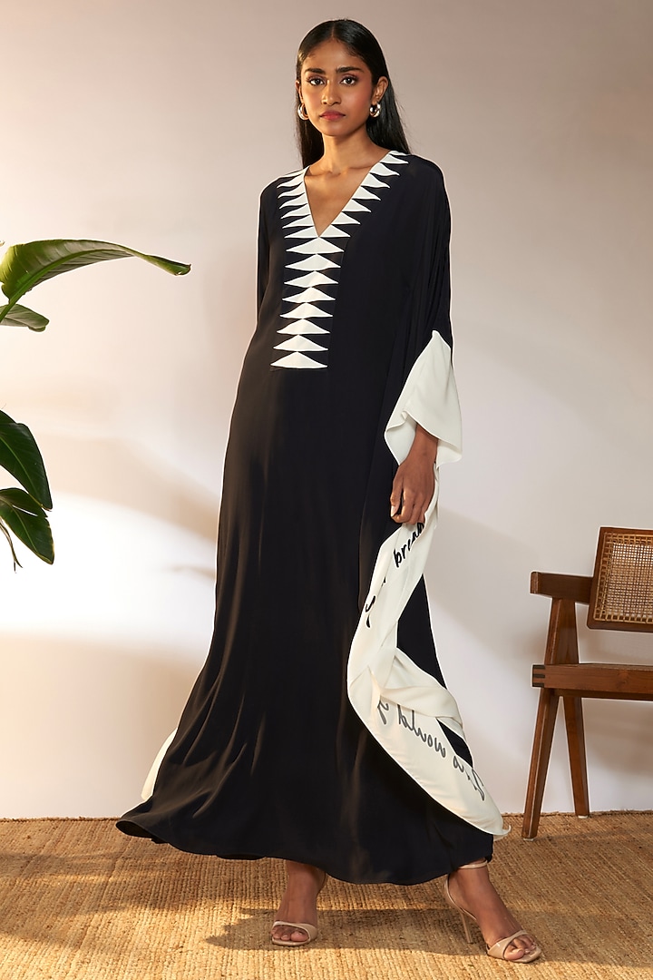 Black Crepe Silk & Viscose Printed Kaftan by Masaba at Pernia's Pop Up Shop