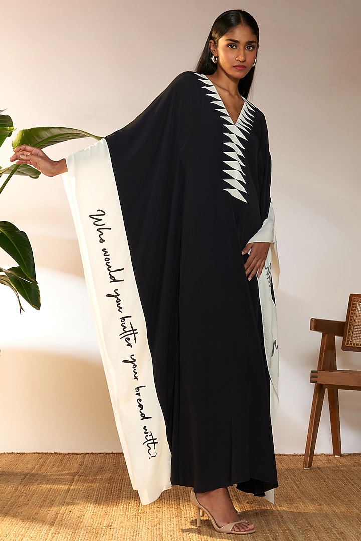 Black Crepe Silk & Viscose Printed Kaftan by Masaba at Pernia's Pop Up Shop