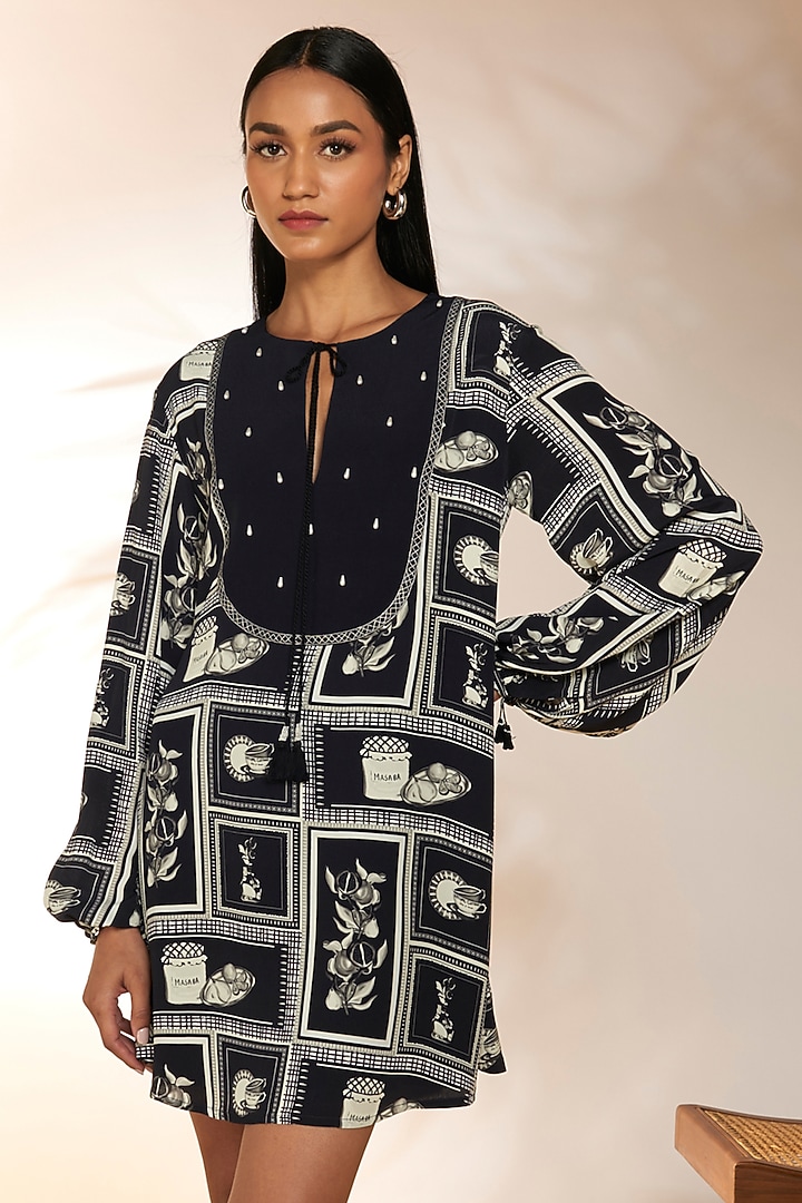 Black & White Crepe Silk Pearl Embroidered Mini Vacation Dress by Masaba at Pernia's Pop Up Shop