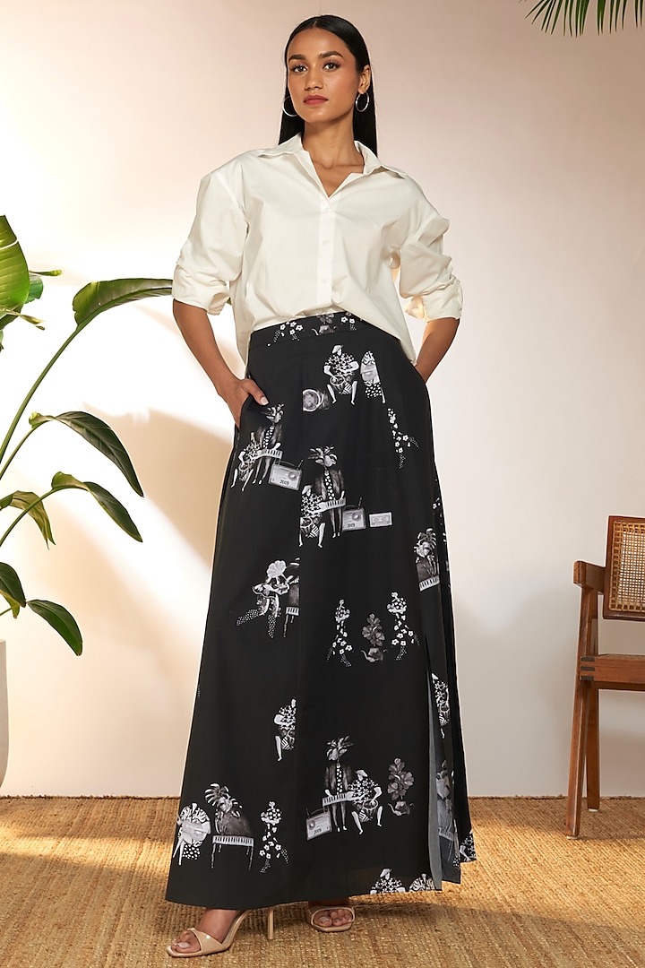 Black Cotton Printed A-Line Skirt by Masaba