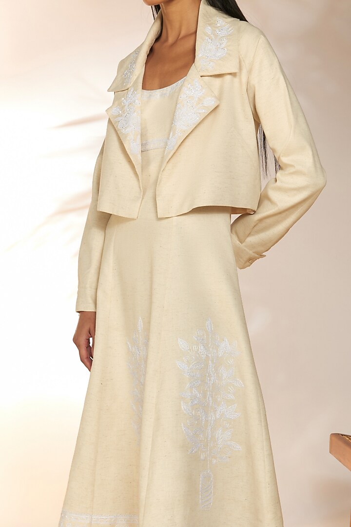 Ivory Cotton Linen Embroidered Jacket by Masaba at Pernia's Pop Up Shop