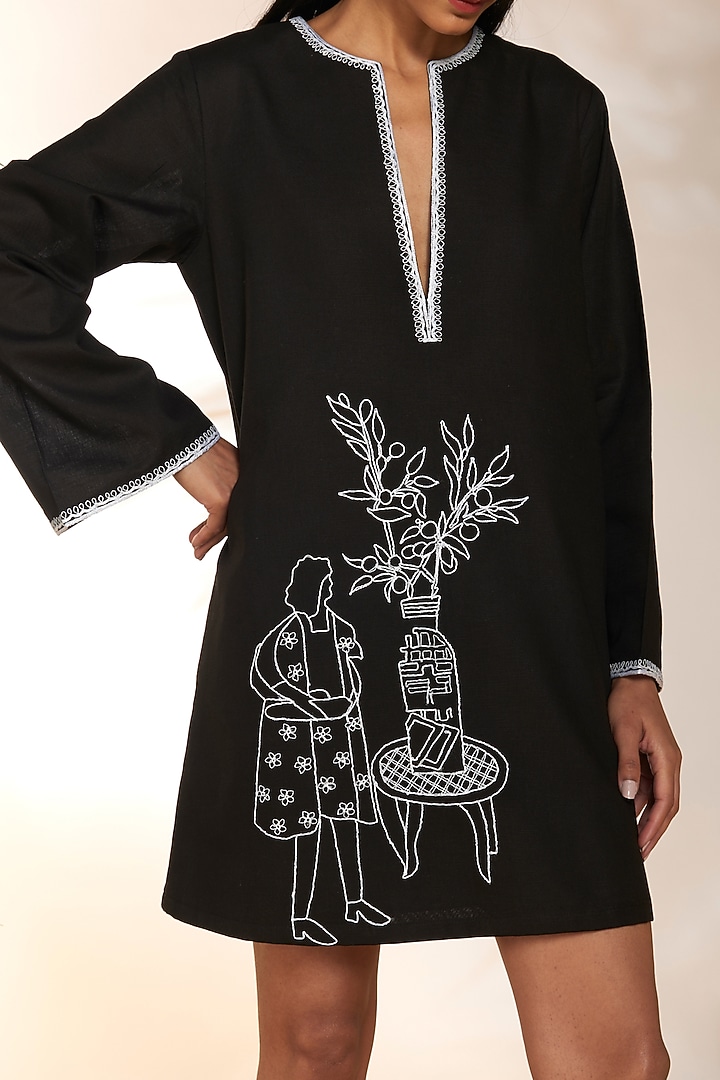 Black Cotton Linen Embroidered Mini Vacation Dress by Masaba at Pernia's Pop Up Shop