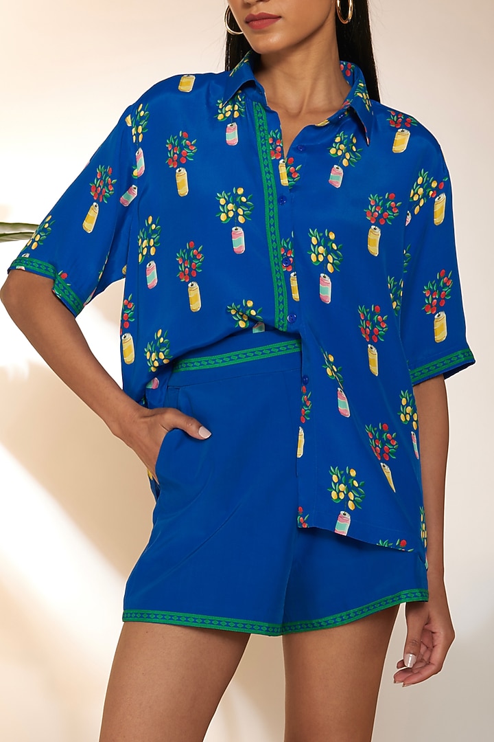 Blue Crepe Silk Printed Shirt by Masaba at Pernia's Pop Up Shop
