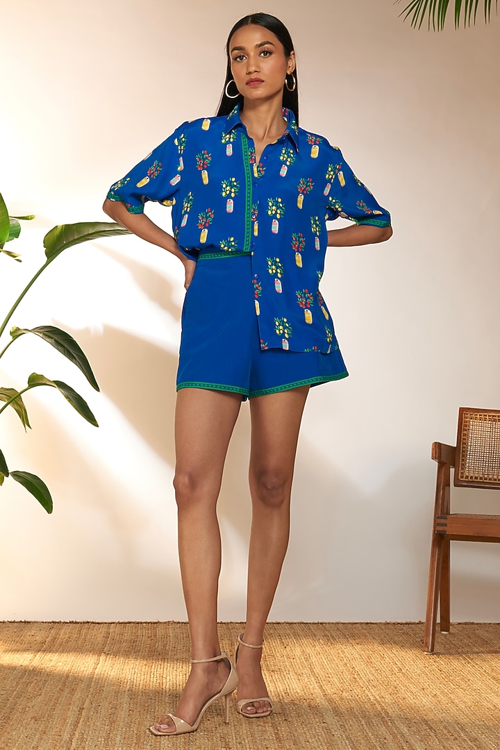 Blue Crepe Silk Printed Shirt by Masaba at Pernia's Pop Up Shop