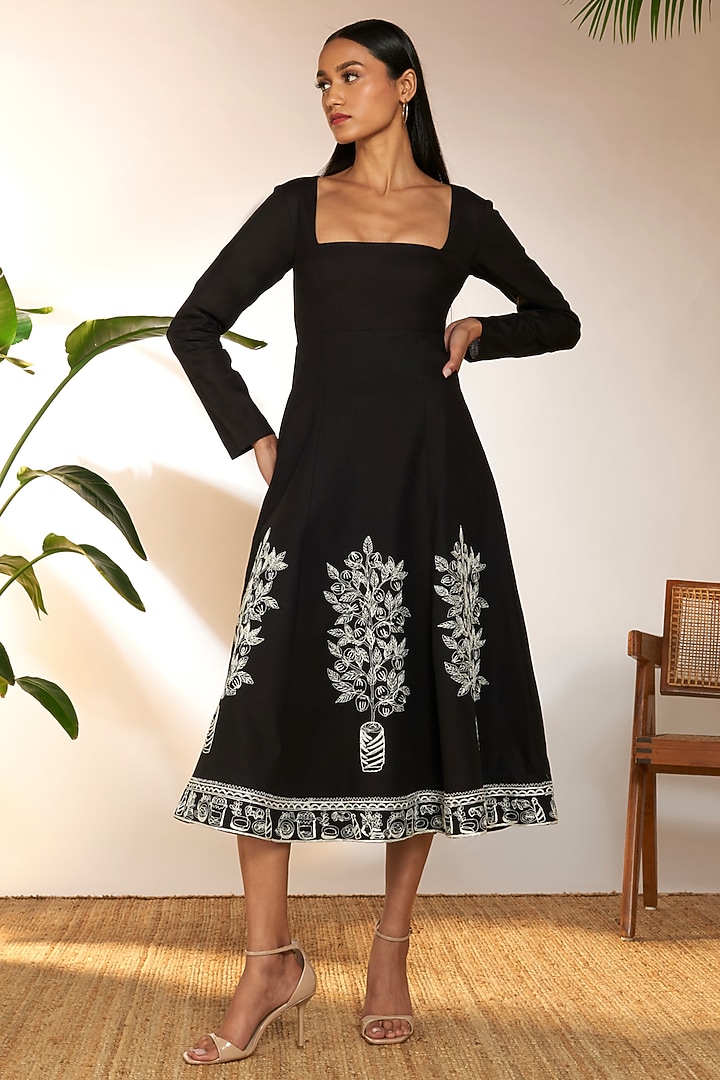 Black Cotton Linen Embroidered Midi Vacation Dress by Masaba at Pernia's Pop Up Shop