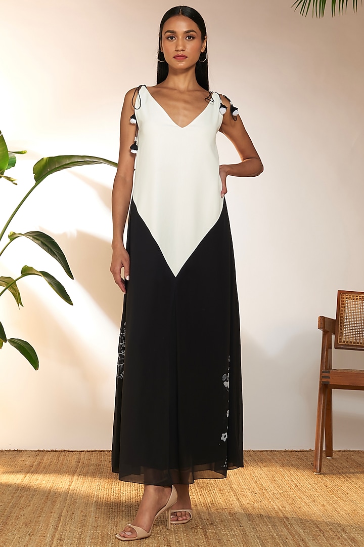 Black & White Crepe Silk Printed Maxi Dress by Masaba