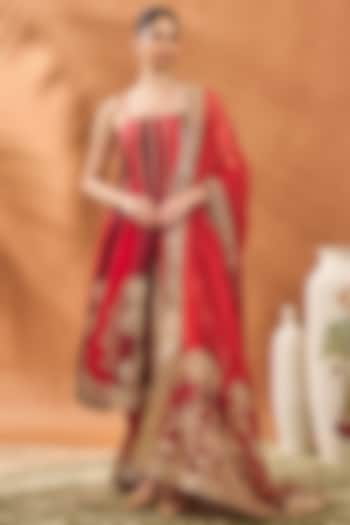 Red Raw Silk Embroidered Bridal Anarkali Set by Masaba at Pernia's Pop Up Shop