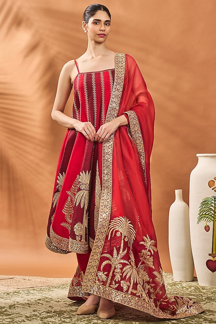 Red Raw Silk Embroidered Bridal Anarkali Set by Masaba at Pernia's Pop Up Shop