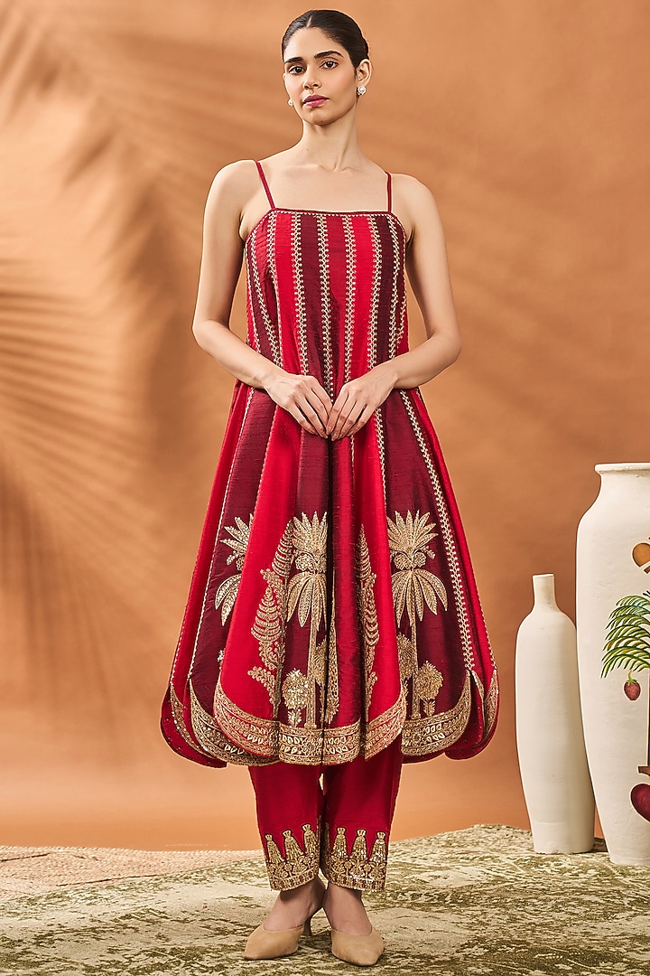 Red Raw Silk Embroidered Bridal Anarkali Set by Masaba at Pernia's Pop Up Shop