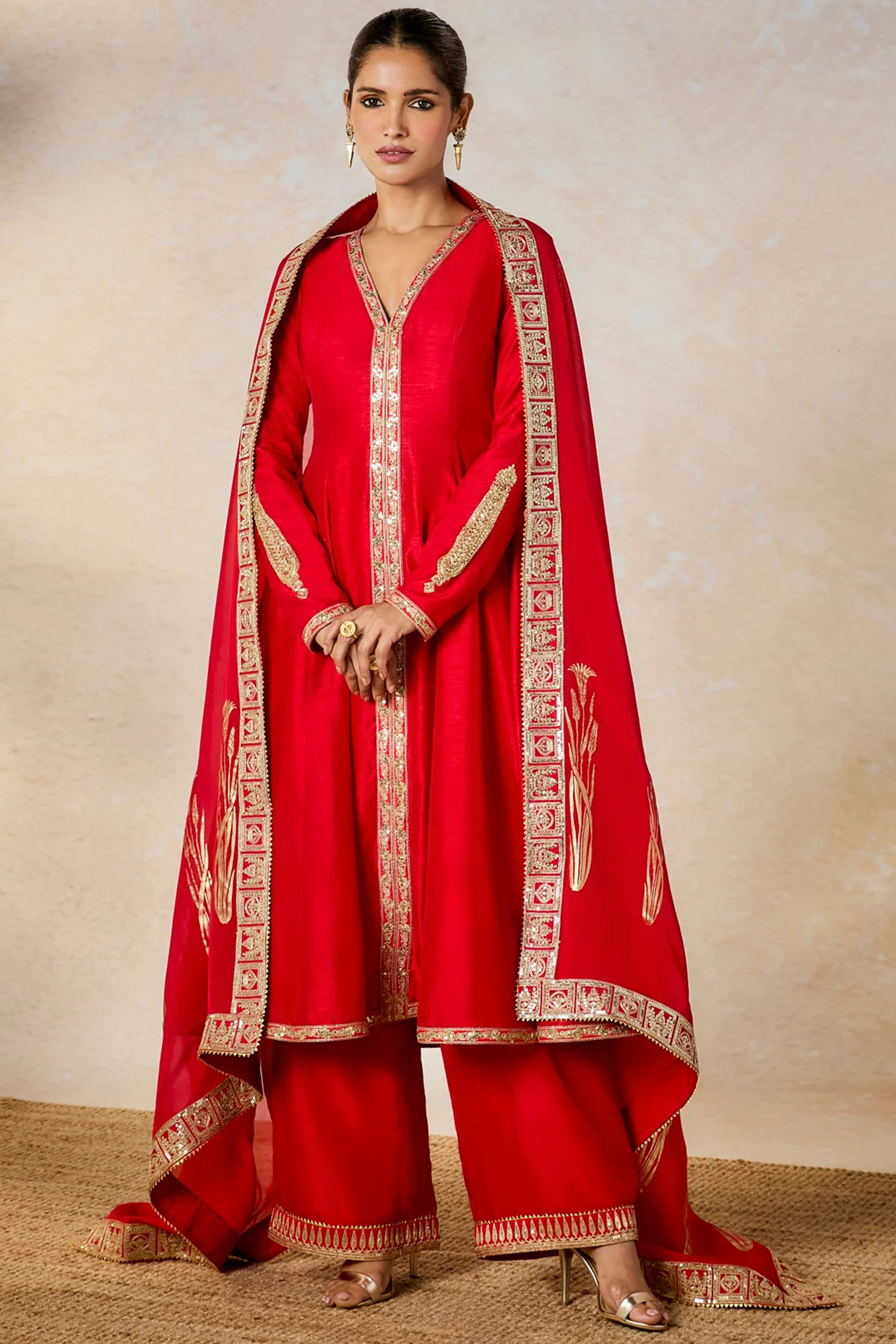 Red Raw Silk Motif Embroidered A-Line Kurta Set by Masaba at Pernia's Pop Up Shop