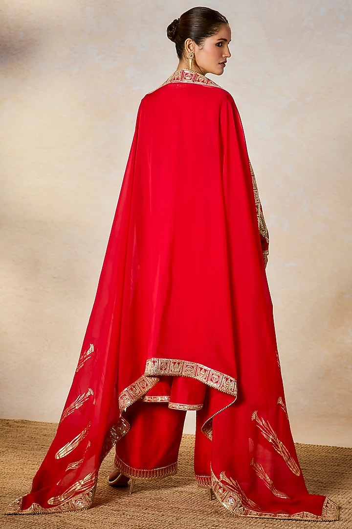 Red Raw Silk Motif Embroidered A-Line Kurta Set by Masaba at Pernia's Pop Up Shop
