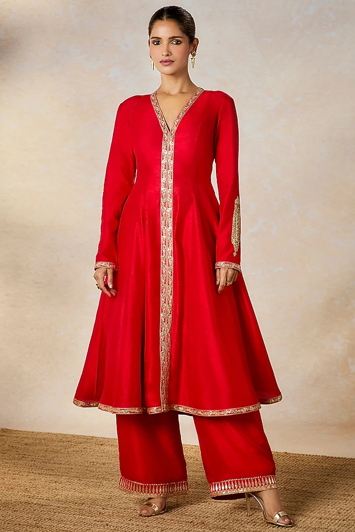 Red Raw Silk Motif Embroidered A-Line Kurta Set by Masaba at Pernia's Pop Up Shop