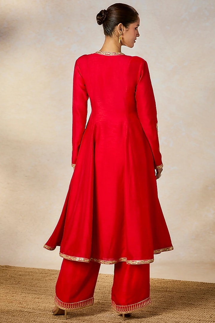 Red Raw Silk Motif Embroidered A-Line Kurta Set by Masaba at Pernia's Pop Up Shop