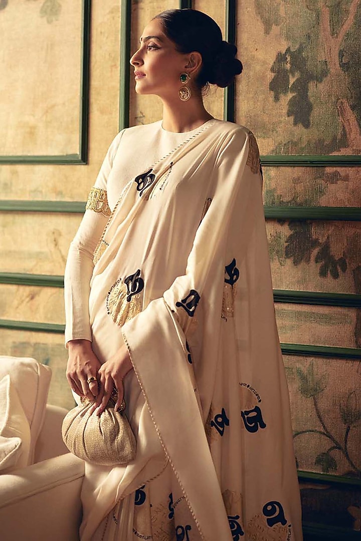 Ivory Mul Silk Foil Printed & Hand Embroidered Saree Set by Masaba at Pernia's Pop Up Shop