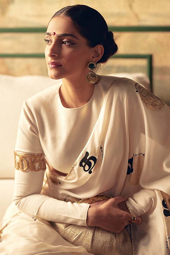 Ivory Mul Silk Foil Printed & Hand Embroidered Saree Set by Masaba at Pernia's Pop Up Shop