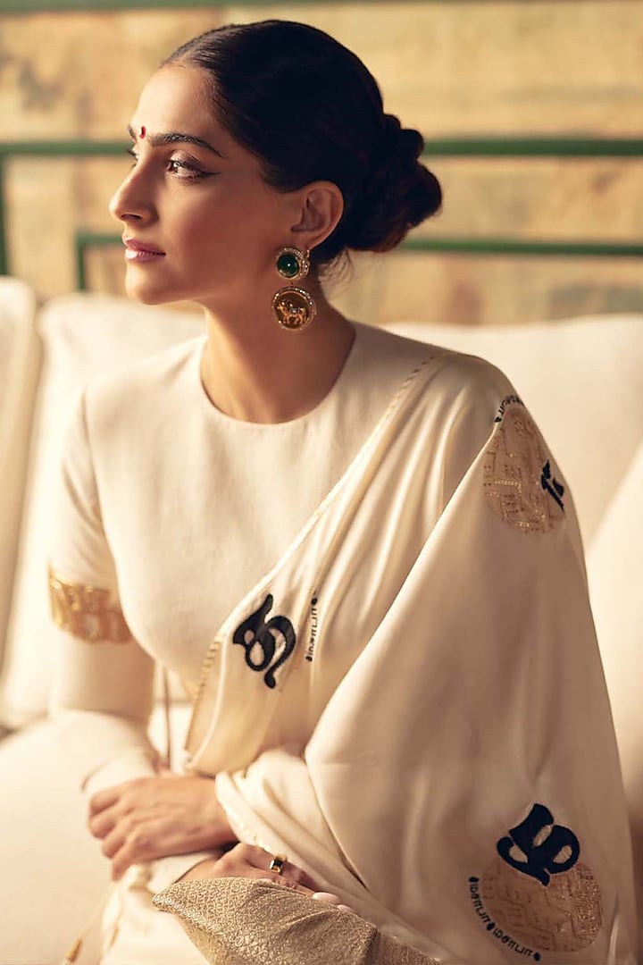 Ivory Mul Silk Foil Printed & Hand Embroidered Saree Set by Masaba at Pernia's Pop Up Shop