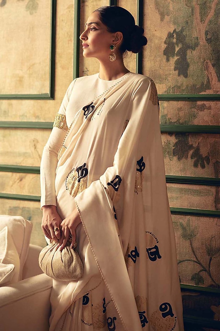 Ivory Mul Silk Foil Printed & Hand Embroidered Saree Set by Masaba at Pernia's Pop Up Shop