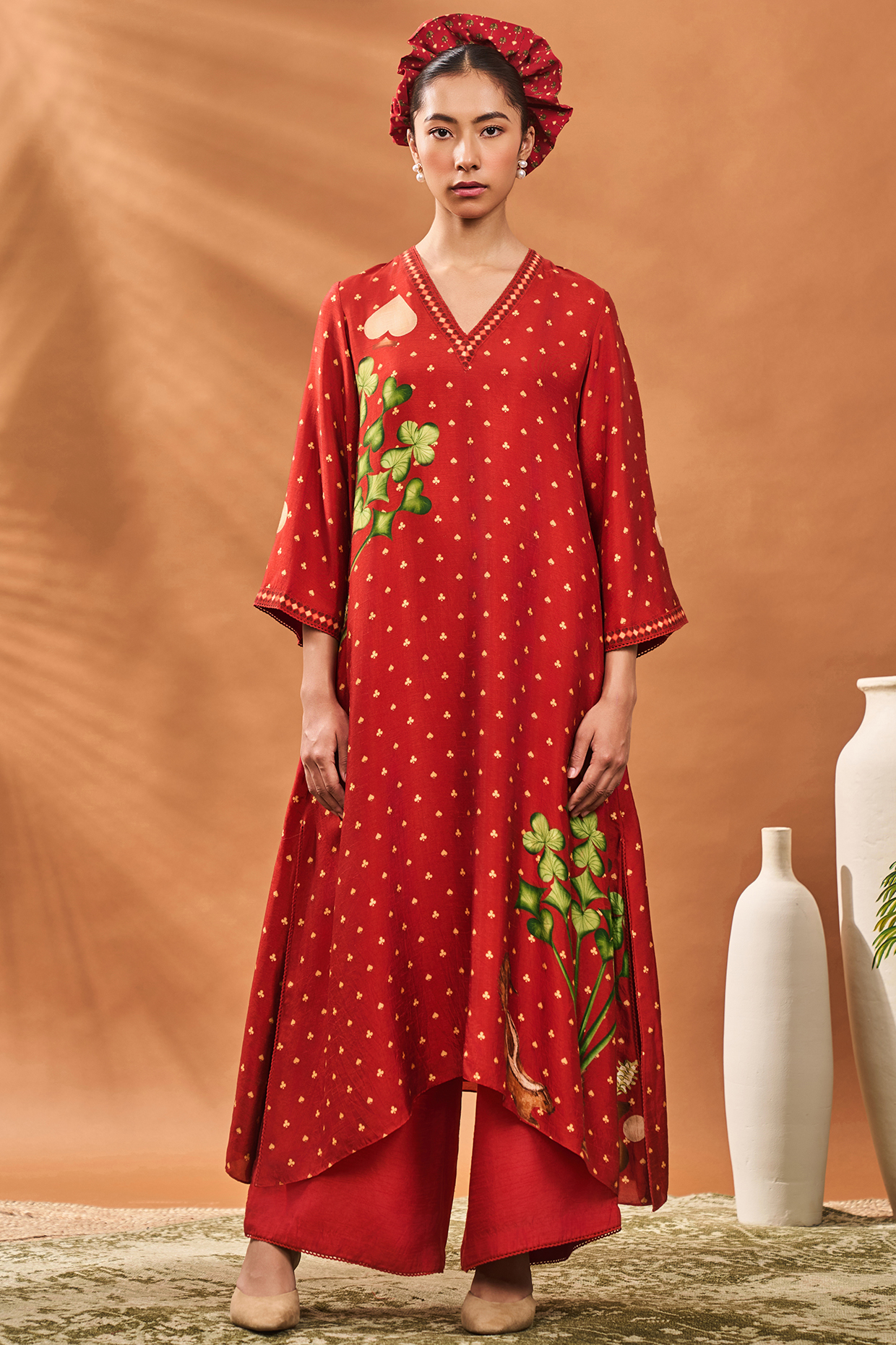 Rust Raw Silk Spade Blossom Kaftan Set by Masaba at Pernia's Pop Up Shop
