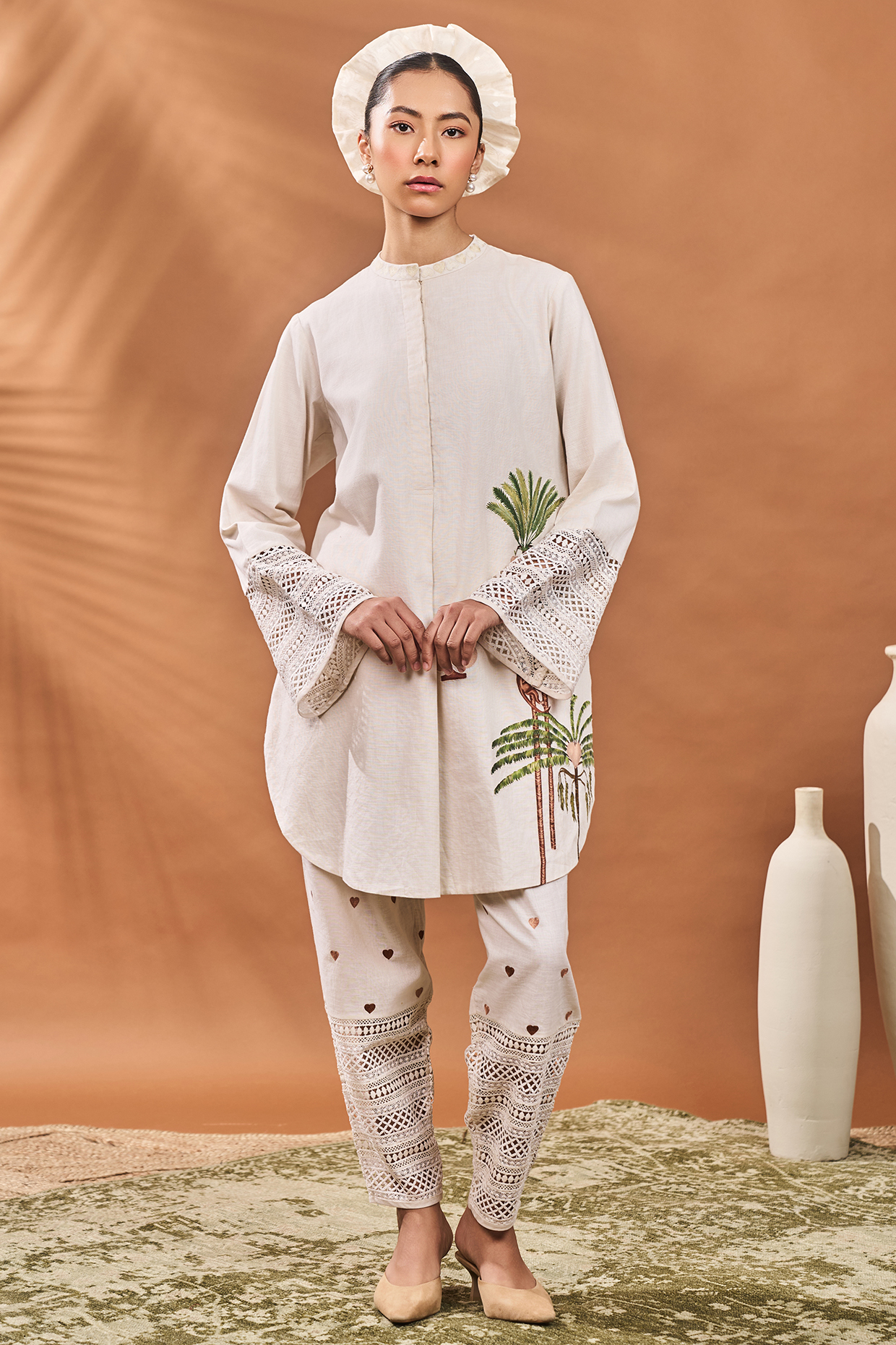 Ivory Linen Printed & Hand Embroidered A-Line Tunic Set by Masaba at Pernia's Pop Up Shop