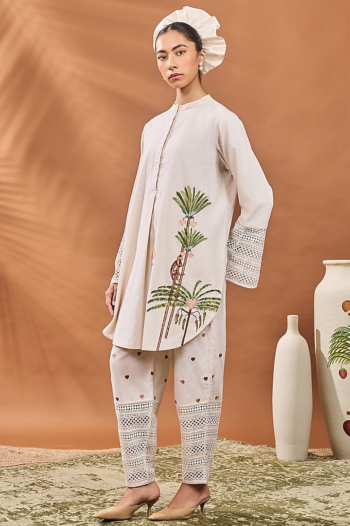 Ivory Linen Printed & Hand Embroidered A-Line Tunic Set by Masaba at Pernia's Pop Up Shop