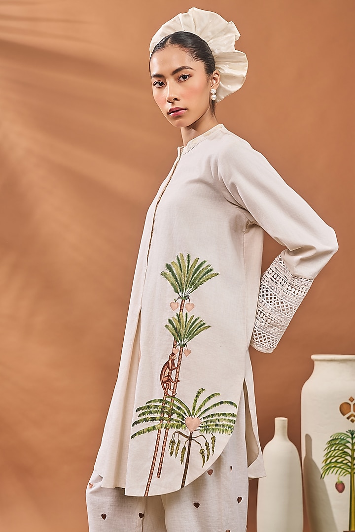 Ivory Linen Printed & Hand Embroidered A-Line Tunic Set by Masaba at Pernia's Pop Up Shop