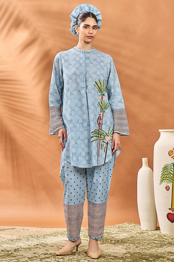 Blue Crepe Silk Printed & Hand Embroidered A-Line Tunic Set by Masaba at Pernia's Pop Up Shop