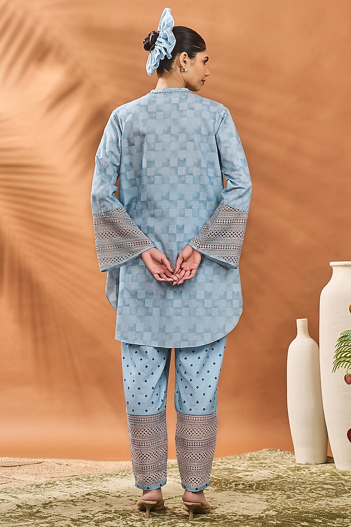 Blue Crepe Silk Printed & Hand Embroidered A-Line Tunic Set by Masaba at Pernia's Pop Up Shop