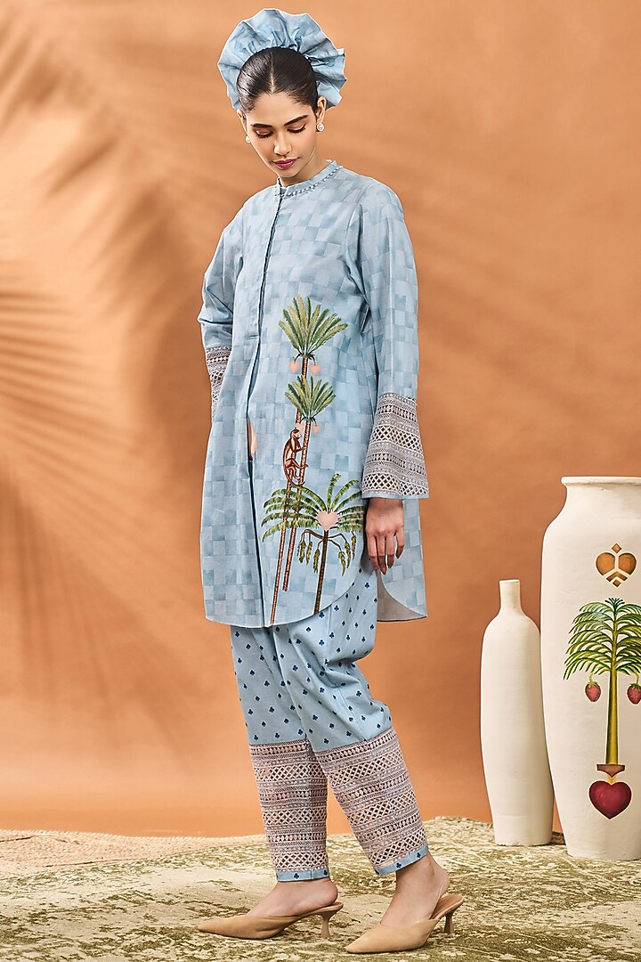 Blue Crepe Silk Printed & Hand Embroidered A-Line Tunic Set by Masaba at Pernia's Pop Up Shop
