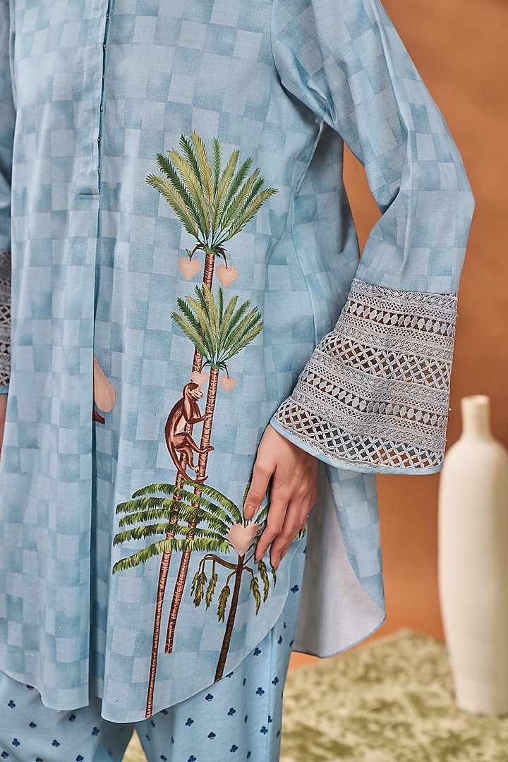 Blue Crepe Silk Printed & Hand Embroidered A-Line Tunic Set by Masaba at Pernia's Pop Up Shop