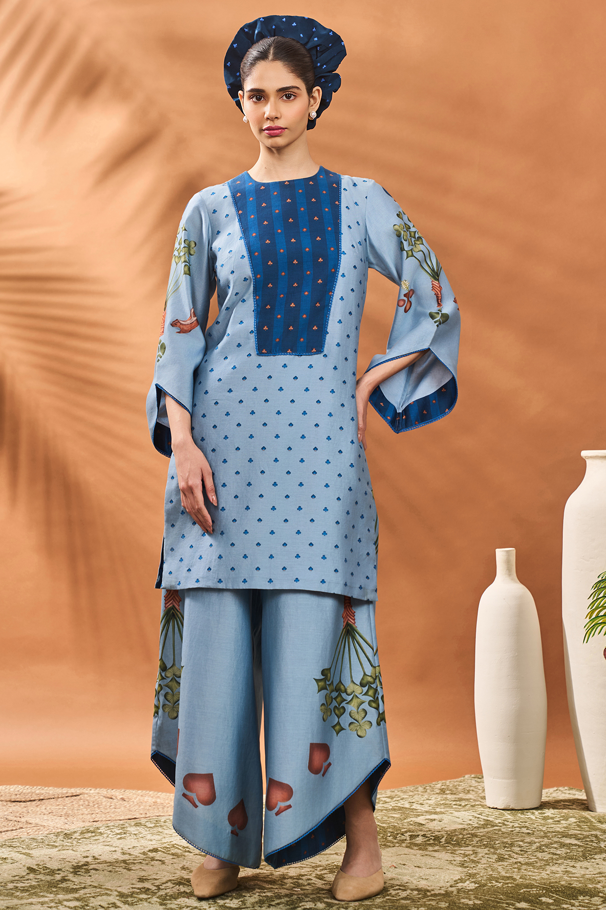 Powder Blue Chanderi Printed & Hand Embroidered A-Line Tunic Set by Masaba at Pernia's Pop Up Shop
