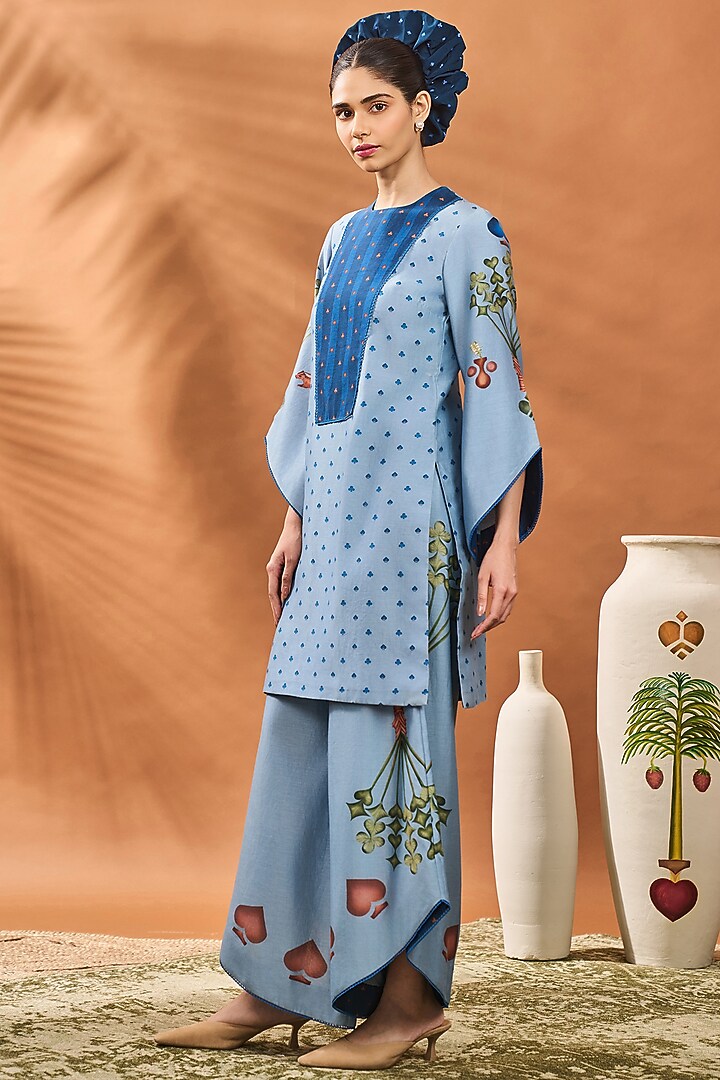 Powder Blue Chanderi Printed & Hand Embroidered A-Line Tunic Set by Masaba at Pernia's Pop Up Shop