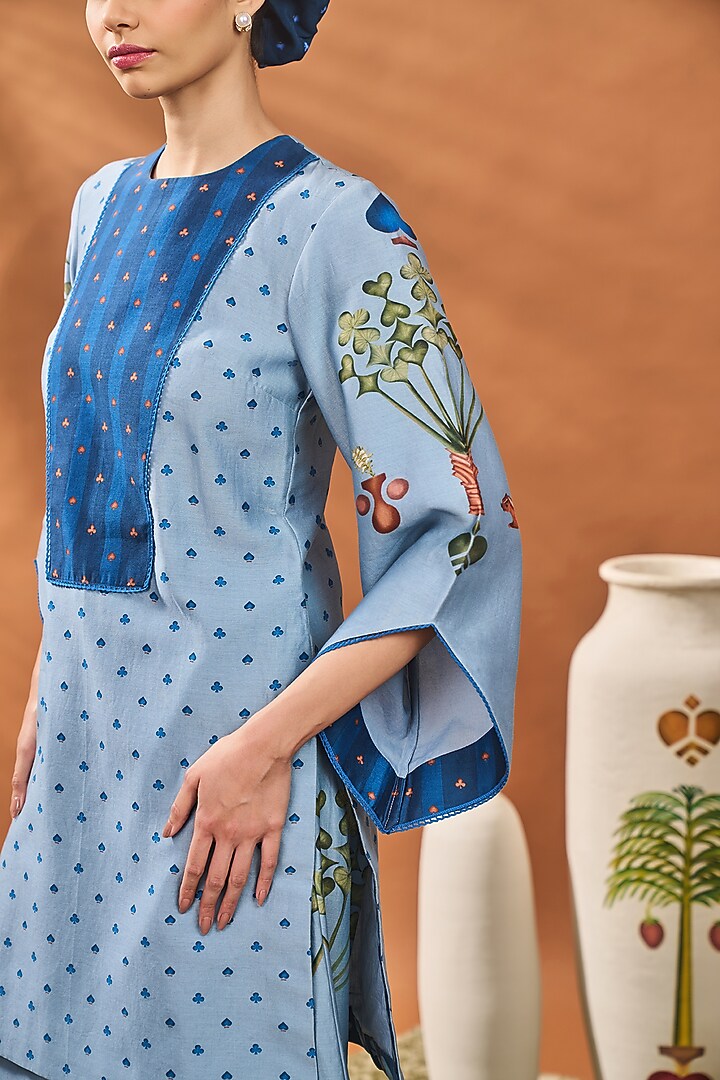 Powder Blue Chanderi Printed & Hand Embroidered A-Line Tunic Set by Masaba at Pernia's Pop Up Shop