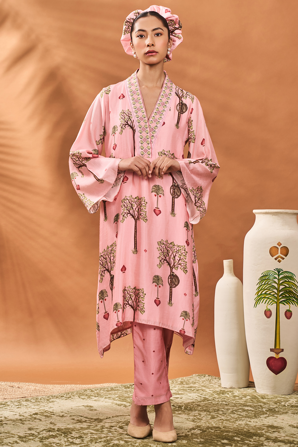 Pink Chanderi Printed & Hand Embroidered A-Line Tunic Set by Masaba at Pernia's Pop Up Shop
