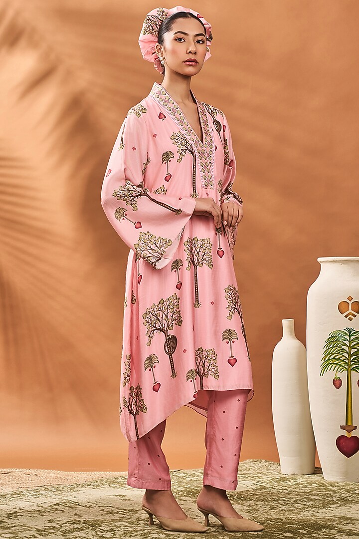 Pink Chanderi Printed & Hand Embroidered A-Line Tunic Set by Masaba at Pernia's Pop Up Shop