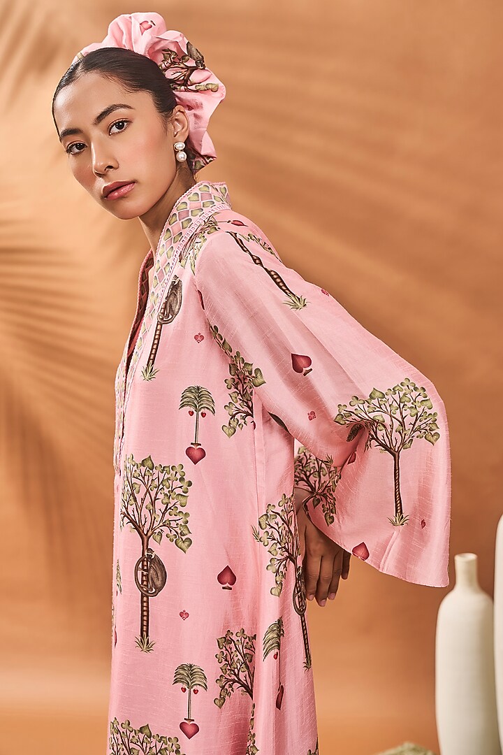 Pink Chanderi Printed & Hand Embroidered A-Line Tunic Set by Masaba at Pernia's Pop Up Shop