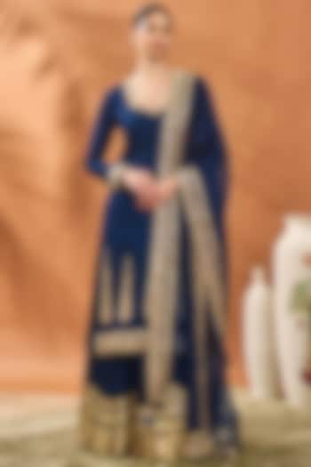 Navy Blue Raw Silk Gold Embellished Kurta Set by Masaba at Pernia's Pop Up Shop