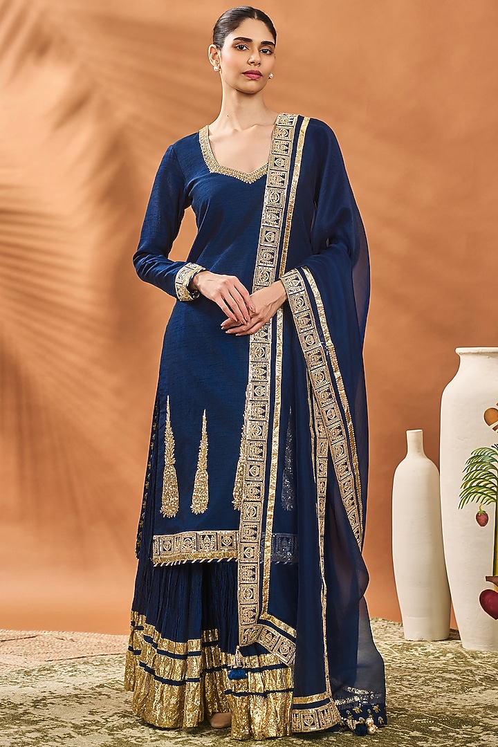 Navy Blue Raw Silk Gold Embellished Kurta Set by Masaba at Pernia's Pop Up Shop