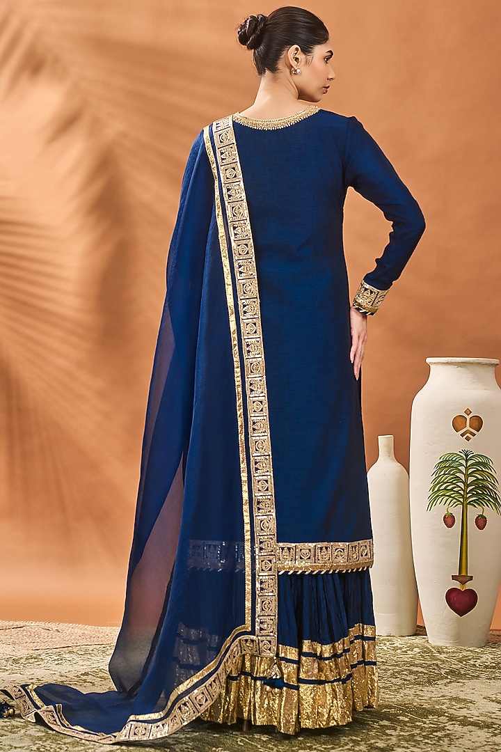 Navy Blue Raw Silk Gold Embellished Kurta Set by Masaba at Pernia's Pop Up Shop