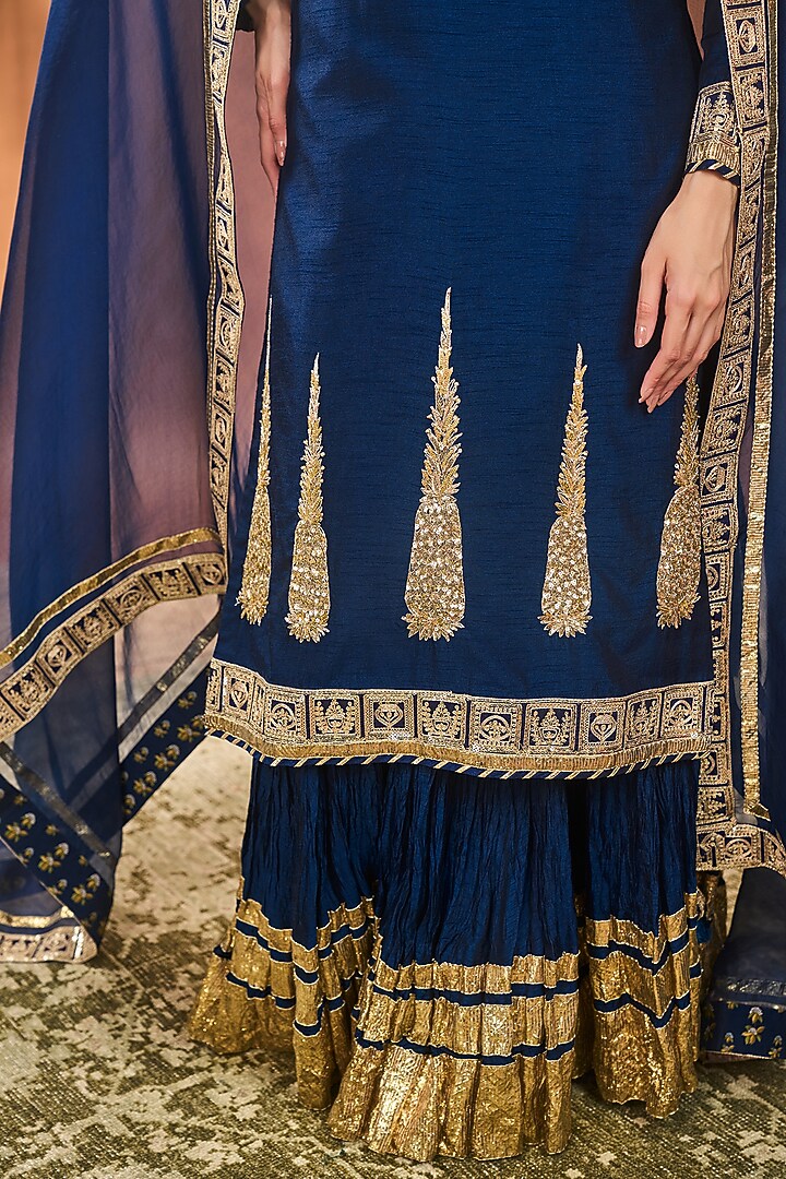 Navy Blue Raw Silk Gold Embellished Kurta Set by Masaba at Pernia's Pop Up Shop