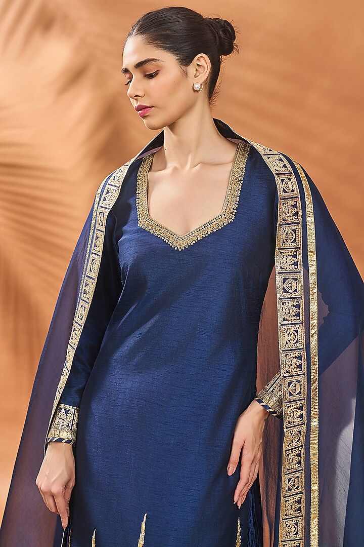 Navy Blue Raw Silk Gold Embellished Kurta Set by Masaba at Pernia's Pop Up Shop